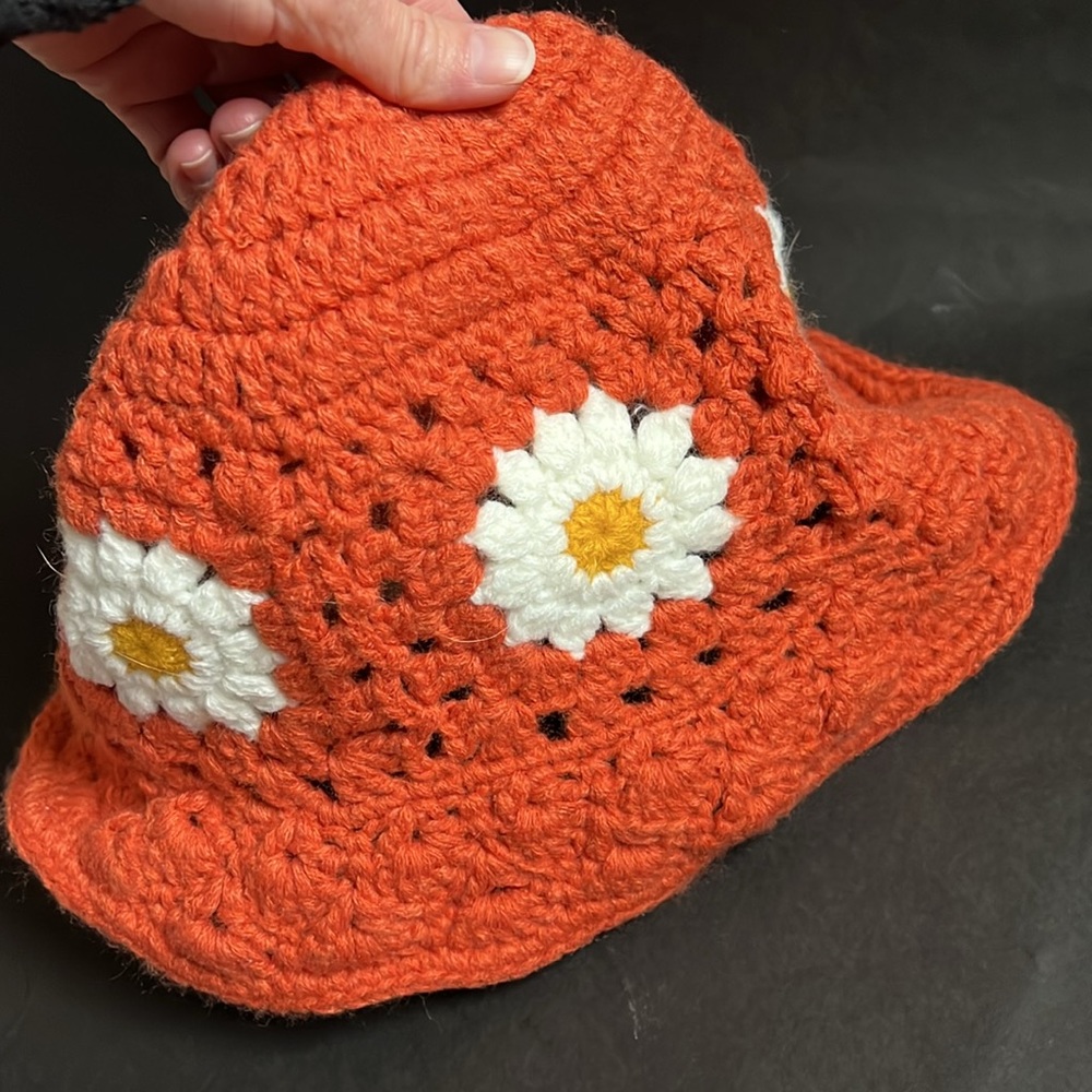 Handmade Orange Daisy Flower Crochet Bucket Hat - Picture 4 of 5